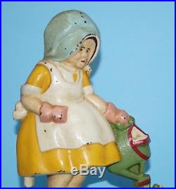 ANTIQUE MARY QUITE CONTRARY With FLOWERS CAST IRON DOORSTOP METAL ART CIRCA 1920'S