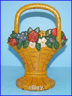 Antique Mixed Flowers In Basket Cast Iron Doorstop Hubley Metal Art Circa 1915