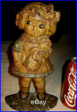ANTIQUE RARE BLUE DRESS HUBLEY GIRL with TOY DOLL CAST IRON STATUE DOORSTOP 10 LBS