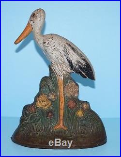 ANTIQUE RARE SHORE BIRD STORK CAST IRON DOORSTOP METAL ART CIRCA 1915-20's