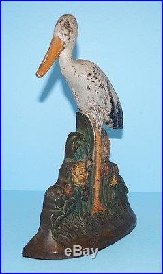 ANTIQUE RARE SHORE BIRD STORK CAST IRON DOORSTOP METAL ART CIRCA 1915-20's