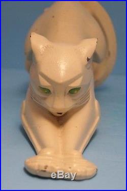 ANTIQUE STRETCHING WHITE CAT KITTEN CAST IRON DOORSTOP METAL ART CIRCA 1920's