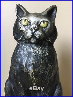 ANTQ. 1920s BLACK CAT, GREEN EYES, CURLED TAIL SITTING ON WEDGE IRON DOORSTOP