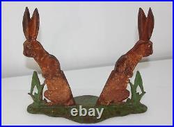 Antique 1800's All Original Cast Iron Double Rabbit Bunny Doorstop Platform Base