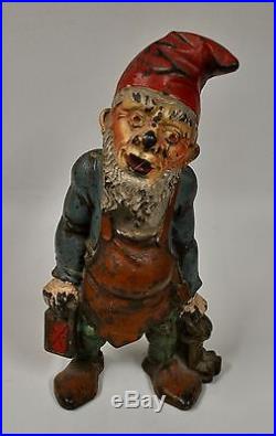 Antique All Original Cast Iron Elf Gnome With Keys Doorstop Hubley