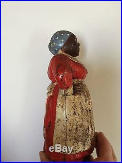 Antique Aunt Jemima Mamma Cast Iron Doorstop Statue Folk Art Blue Hat