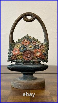 Antique B&H Cast Iron Floral Basket Doorstop 8.5 Tall Original Paint USA