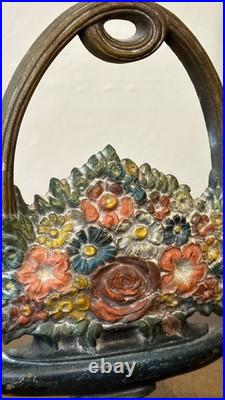 Antique B&H Cast Iron Floral Basket Doorstop 8.5 Tall Original Paint USA