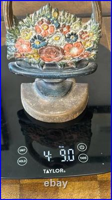 Antique B&H Cast Iron Floral Basket Doorstop 8.5 Tall Original Paint USA