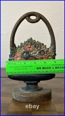 Antique B&H Cast Iron Floral Basket Doorstop 8.5 Tall Original Paint USA