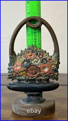Antique B&H Cast Iron Floral Basket Doorstop 8.5 Tall Original Paint USA