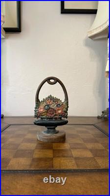 Antique B&H Cast Iron Floral Basket Doorstop 8.5 Tall Original Paint USA