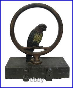 Antique Bradley & Hubbard Cast Iron Parrot in Ring Doorstop, Original Paint 7 LB