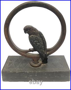 Antique Bradley & Hubbard Cast Iron Parrot in Ring Doorstop, Original Paint 7 LB