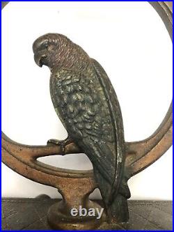 Antique Bradley & Hubbard Cast Iron Parrot in Ring Doorstop, Original Paint 7 LB