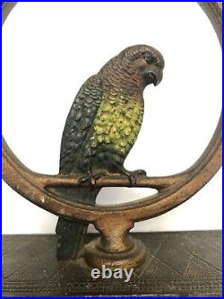 Antique Bradley & Hubbard Cast Iron Parrot in Ring Doorstop, Original Paint 7 LB