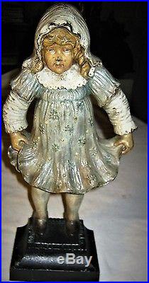 Antique Bradley Hubbard USA Girl Holding Dress Cast Iron B&h Art Statue Doorstop