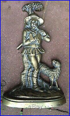 Antique Brass And Cast Iron Door Stop of a Man With dog Rare