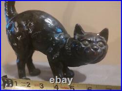 Antique CAST IRON Spooky ARCHED BLACK CAT Cute KITTEN Figural DOORSTOP Hubley