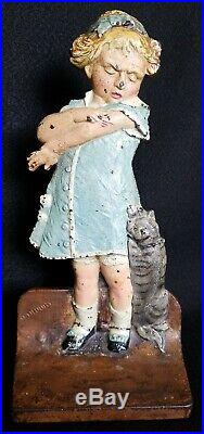 Antique CJO Cast Iron Judd 1271 Naughty Puss Cat Scratch Doorstop Girl Hubley