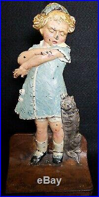 Antique CJO Cast Iron Judd 1271 Naughty Puss Cat Scratch Doorstop Girl Hubley