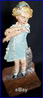 Antique CJO Cast Iron Judd 1271 Naughty Puss Cat Scratch Doorstop Girl Hubley