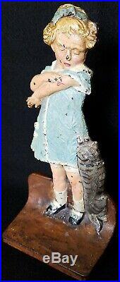 Antique CJO Cast Iron Judd 1271 Naughty Puss Cat Scratch Doorstop Girl Hubley