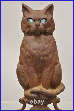 Antique Cast Iron Blue Glass Eyes Figural Cat Door Stop Andiron
