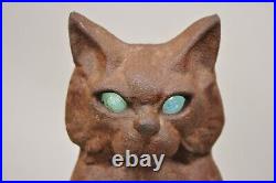 Antique Cast Iron Blue Glass Eyes Figural Cat Door Stop Andiron