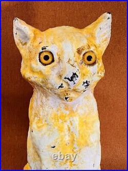 Antique Cast Iron CAT Doorstop Art TEN POUNDS Yellow Paint Glass Eyes Door Stop