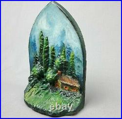 Antique Cast Iron Cabin Doorstop Bookend Raised Hand Painted 6.5 in Forest Trees