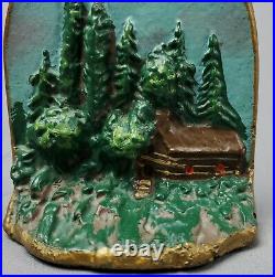 Antique Cast Iron Cabin Doorstop Bookend Raised Hand Painted 6.5 in Forest Trees