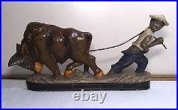 Antique Cast Iron Door Stop Angry Bull & Farmer Farm Life Garden Asian Comical