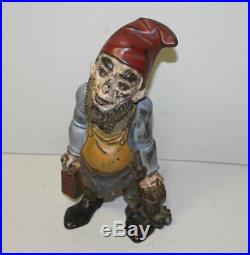 Antique Cast Iron Door Stop Gnome Holding Lantern & Keys
