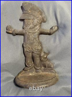 Antique Cast Iron Door Stop Little Boy Crossing Guard Police Officer Cop & Puppy