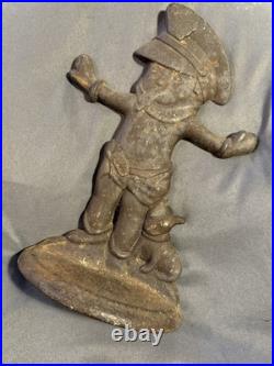 Antique Cast Iron Door Stop Little Boy Crossing Guard Police Officer Cop & Puppy