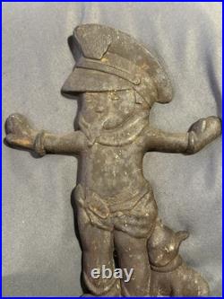 Antique Cast Iron Door Stop Little Boy Crossing Guard Police Officer Cop & Puppy