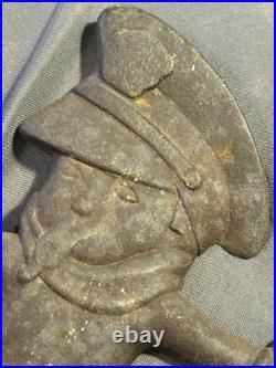 Antique Cast Iron Door Stop Little Boy Crossing Guard Police Officer Cop & Puppy