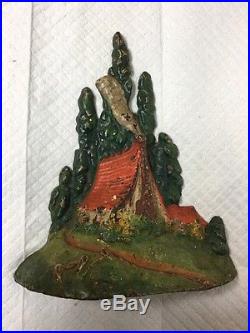 Antique Cast Iron Doorstop Cottage & Trees Albany Foundry Best Original Paint