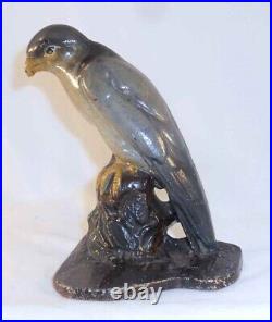 Antique Cast Iron Doorstop Gray Colored Hawk Standing on Brown Perch