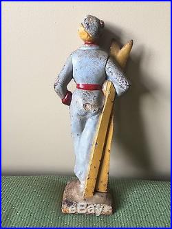 Antique Cast Iron Doorstop Lady Skier 20s Full Figure French Alps Skier