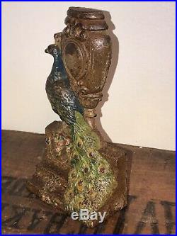 Antique Cast Iron Doorstop, Peacock By Urn On Fence By Hubley #208 -NO RESERVE