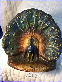 Antique Cast Iron Doorstop Peacock in Full Plumage with Best Original Paint