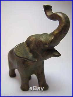 Antique Cast Iron Elephant figural paperweight mini doorstop orig old gold paint