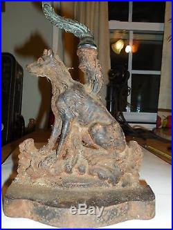 Antique Cast Iron England Wolf Hound Dog Door Stop Weight Brass Handle Top Rare
