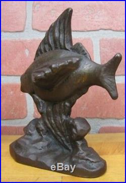 Antique Cast Iron FISH in Ocean Waves Doorstop Bookend Decorative Art Statue