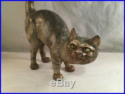Antique Cast Iron Figural Doorstop Grey Striped Cat Kitten Probably Hubley