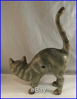 Antique Cast Iron Figural Doorstop Grey Striped Cat Kitten Probably Hubley