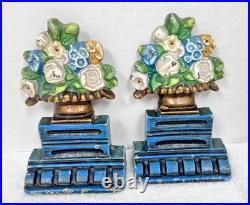 Antique Cast Iron Floral Urn Bookends Doorstops Blues Pinks 6 1/2 Hubley Style