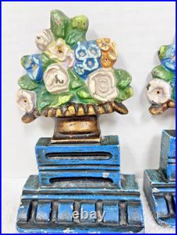 Antique Cast Iron Floral Urn Bookends Doorstops Blues Pinks 6 1/2 Hubley Style